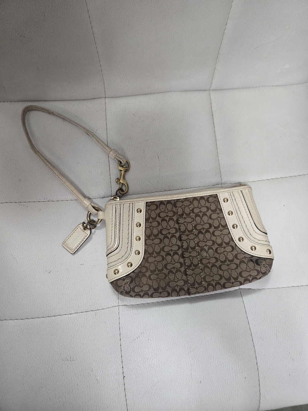 Coach Signature Canvas Wristlet in Brown and Cream